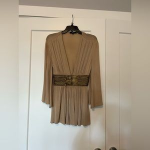 Sky top, camel coloured with gold belt detail